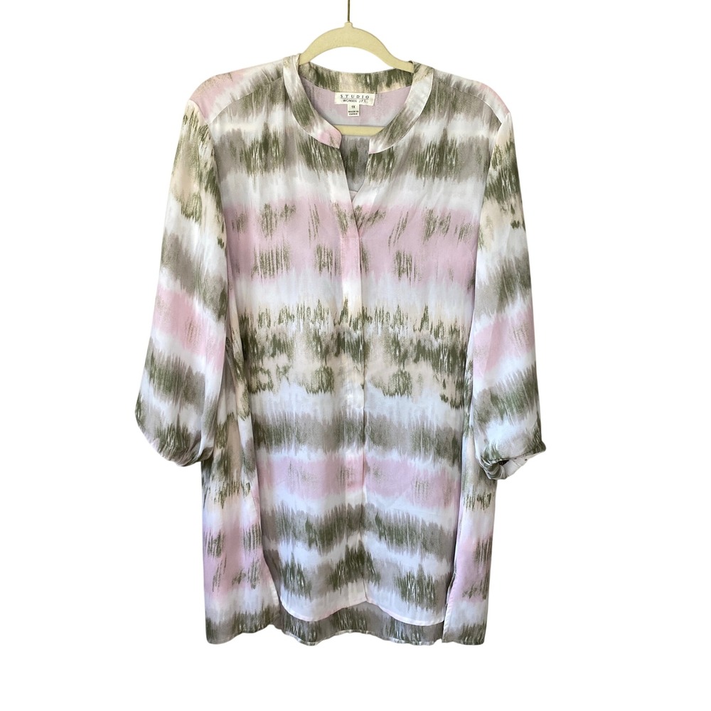 Studio Woman JPR Plus Size 1X Pink Green Ikat Tie Dye Chiffon Tunic Blouse